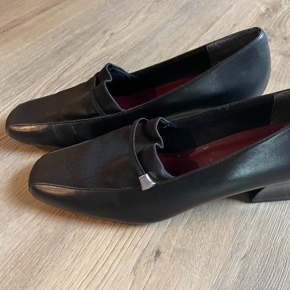 Naturalizer Black Leather & Fabric Pumps Chunky Heel Square Toe Shoe Size 10M!